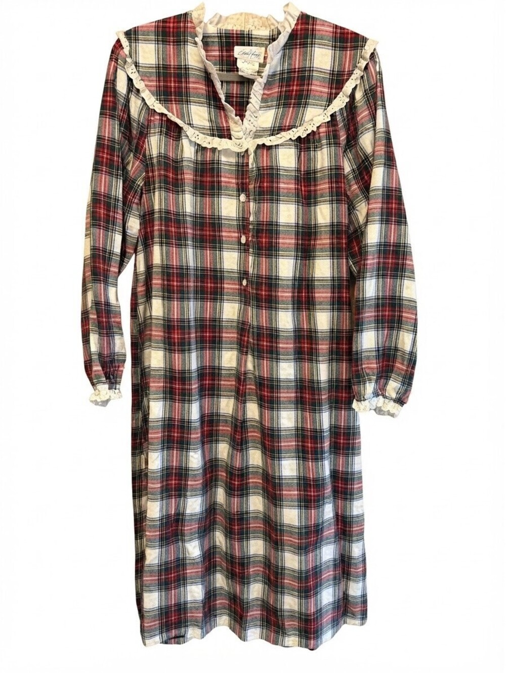 Vintage Lanz of Salzburg Red Green Plaid Flannel Nightgown Lace Trim XL